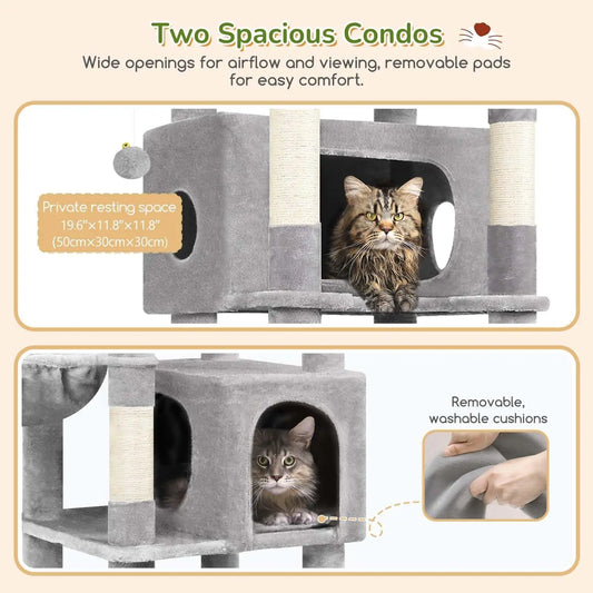 74in Heavy Duty Cat Tree for Large Cats, 7 Sisal Posts, 2 Condos & Hanging Baskets, Sturdy Tower with Top Perch, Light Grey