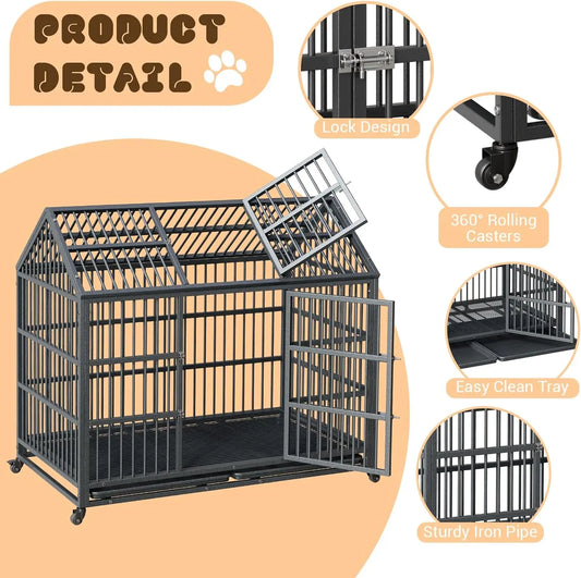 52 Inch Heavy Duty Dog Crate, Large Metal Dog Kennel with Roof Top, 2 Door Dog Cage House with Removable Tray and Wheels