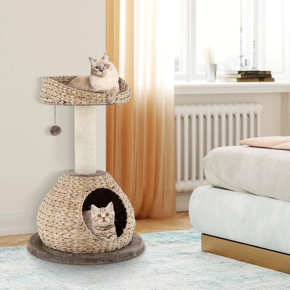 Tangkula Modern Cat Tree, Small Cat Tower with Natural Sisal Scratching Post, Hand-Made Wicker Cat Condo Top Perch Funny Hanging