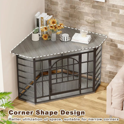 corner dog crate furniture, 52 inch large dog kennel indoor wooden end table, modern dog cage decorative pet house
