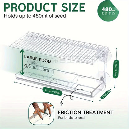 Indestructible Large Window Bird Feeder with Removable Seed & Water Tray, for Wild Birds with 4 Super Strong Adhesive Hooks + 4