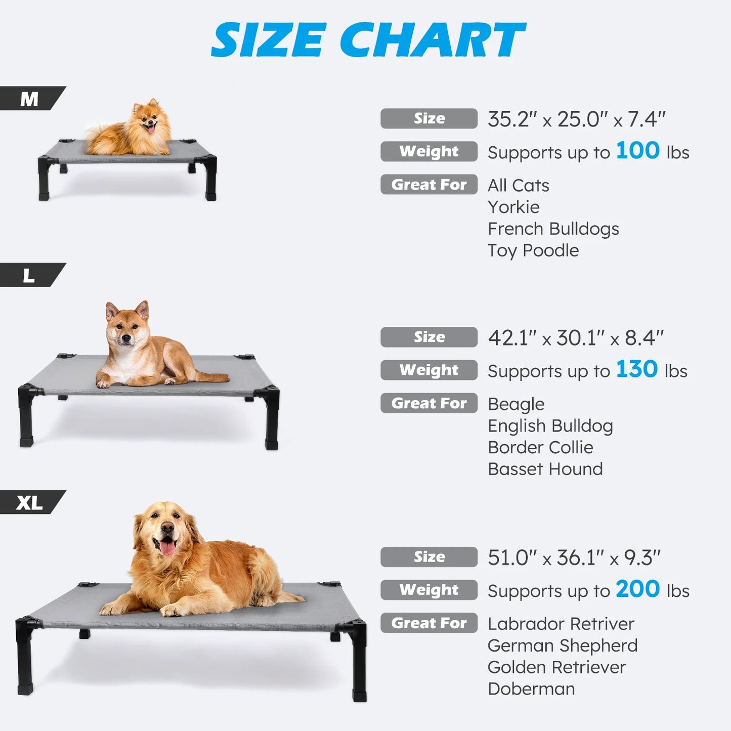 Elevated Dog Bed, Cooling Raised Pet Cot with Chew Proof Washable Breathable Mesh and Metal Frame, Portable.