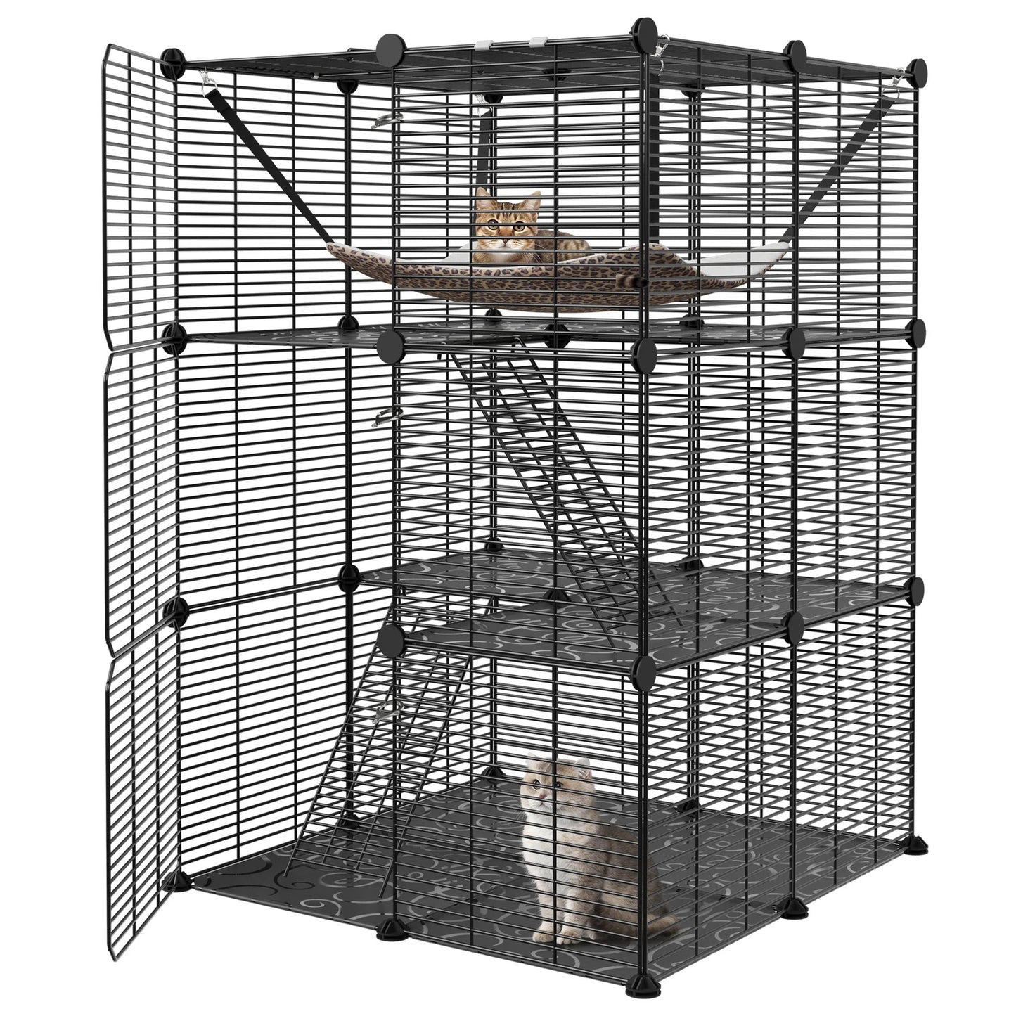 3-Tier Cat Cage Indoor Cat Enclosures DIY Detachable Metal Cat Kennel w/Hammock