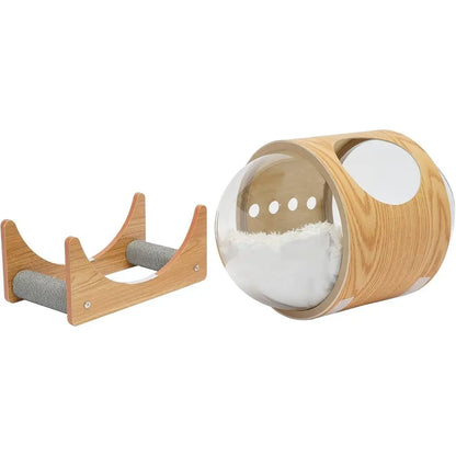 Space-Themed Wooden Pet Bed with Cushion and Transparent Acrylic Dome for Cats and Dogs, 25.6x18.9 inches