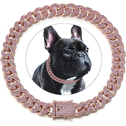 Dog Chain Collar Diamond Cuban Link Necklace Metal Cat Chain Pet Crystal Collar Jewelry Accessories for  Dogs Cats