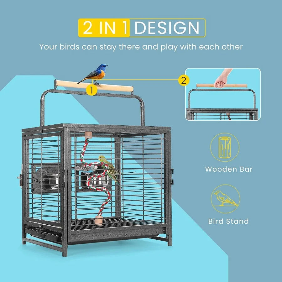 19" Wrought Iron Travel Carrier Bird Cage for Parrots Conures Lovebird Cockatiel Parakeets