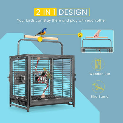 19" Wrought Iron Travel Carrier Bird Cage for Parrots Conures Lovebird Cockatiel Parakeets