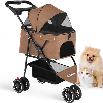Pet Stroller For Small Medium Cats&Dogs 3 Wheels Foldable with Breathable Mesh Canopy Pet Travel Carrier Suitable Outdoor Travel