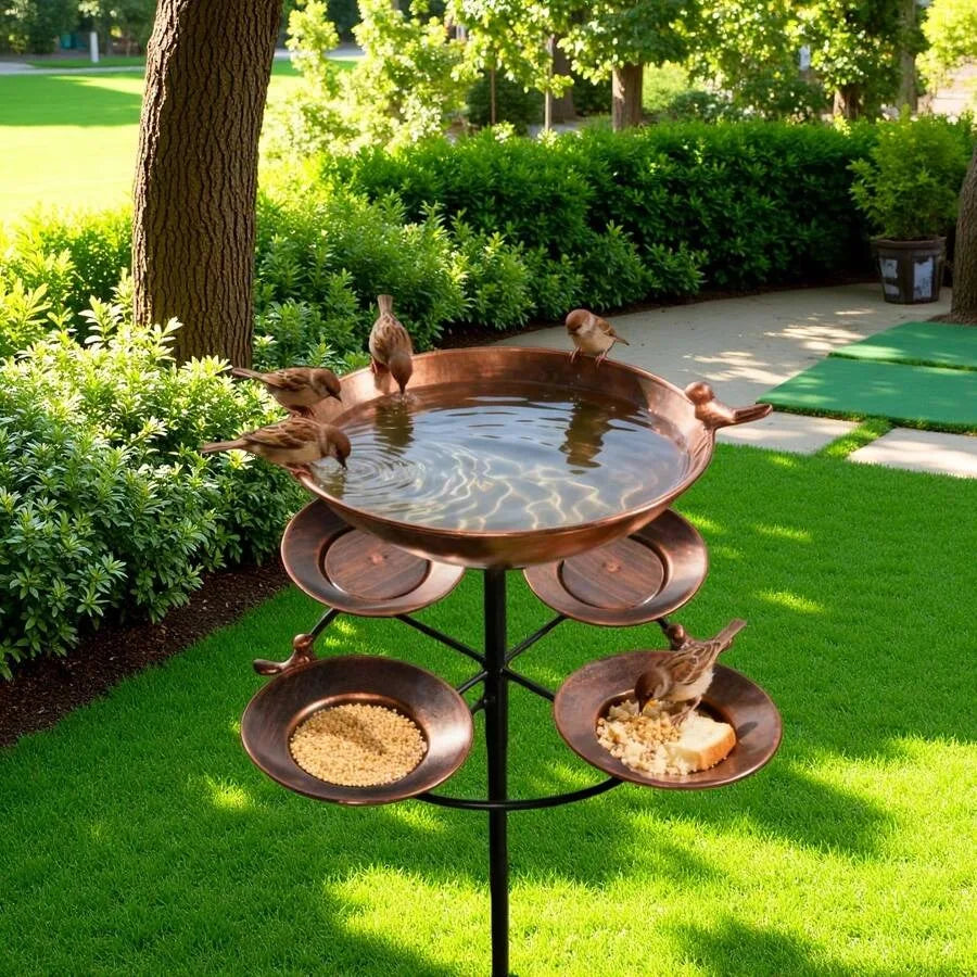 【New style】Antique Bronze Metal Dual Tier Bird Bath and Feeder - 5 Bowl Capacity, Rust-Proof, Sturdy Base, Easy Clean Garden De