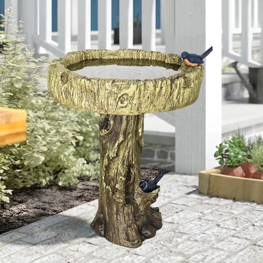 24.4” H Fibre Reinforced Concrete Outdoor Garden Bird Bath with Birds, Woodland Tree Trunk Decoration Yard Statue