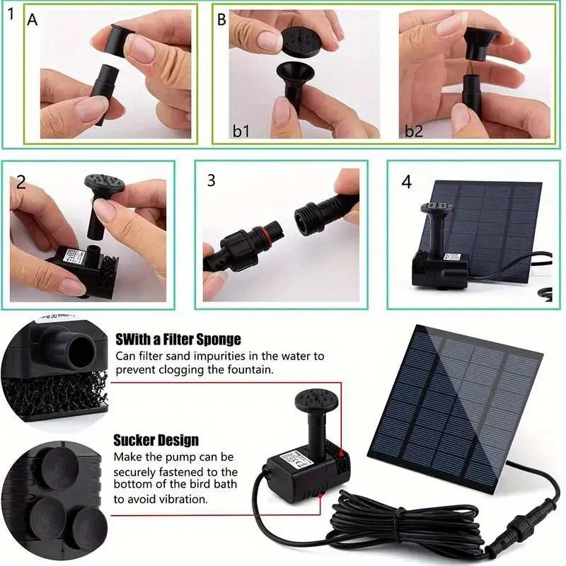 Solar Fountain with 6 Nozzles - 1.4W Solar Panel Floating Water Pump for Bird Baths, Pools, Garden DIY Waterfall