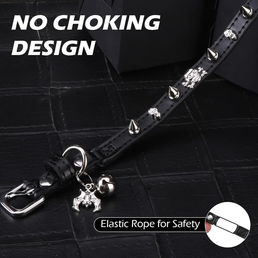 Adjustable Leather Cat Collar with Safety Elastic Belt, Punk Buckle Bell & Durable D-Ring, Rivet (Black)