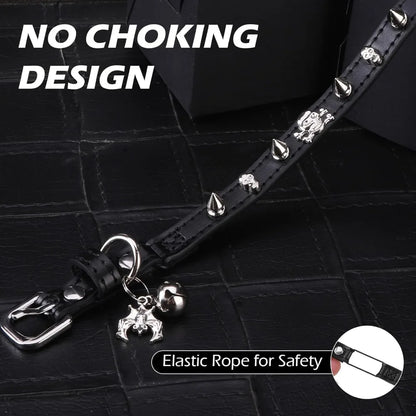 Adjustable Leather Cat Collar with Safety Elastic Belt, Punk Buckle Bell & Durable D-Ring, Rivet (Black)