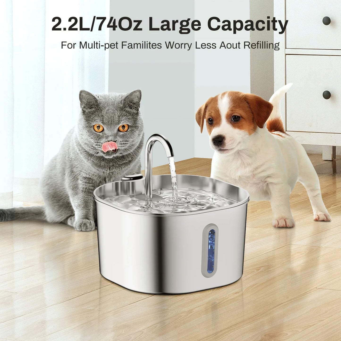 ZYFeeder 2.2L Automatic Cat Water Fountain Square Stainless Steel Dog Water Fountain with window（No 5V 1A Plug）