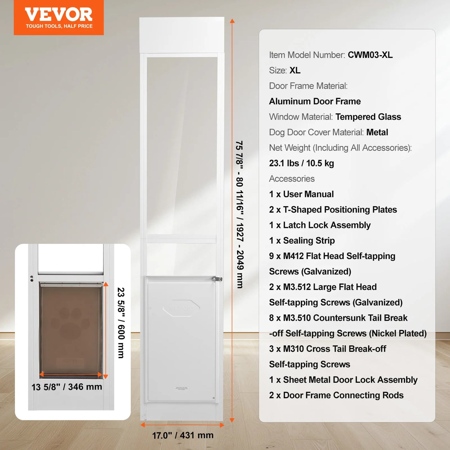 SucceBuy Dog Door Sliding Glass Adjustable Height Aluminum Frame Tempered Glass Door