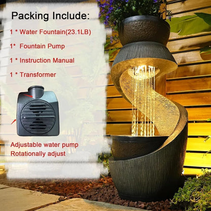 31.9" S-Shaped Water Outdoor Fountain–Modern Cascading Waterfall Feature with LED Lights & Planter Bowl, Garden, Customized