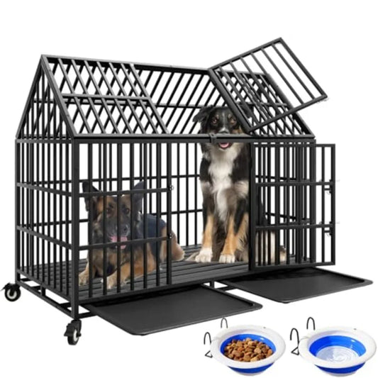 54 inch Heavy Duty Indestructible Dog Crate with 2 Bowls, Escape Proof Double Door Dog Kennel for Large Giant Dogs with Wheels