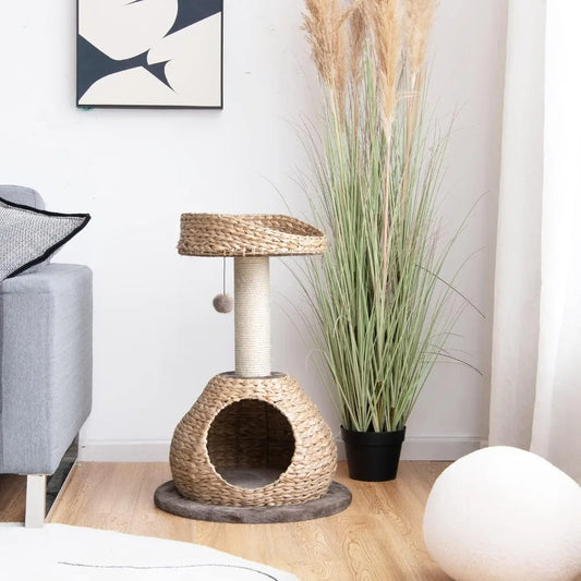 Tangkula Modern Cat Tree, Small Cat Tower with Natural Sisal Scratching Post, Hand-Made Wicker Cat Condo Top Perch Funny Hanging