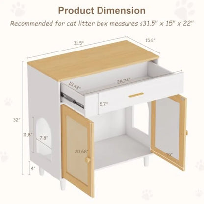 Hidden Cat Litter Box Cabinet with Sisal Scratching Board Doors and Drawer Wooden Pet House for Indoor Cats Dog Proof Enclosure