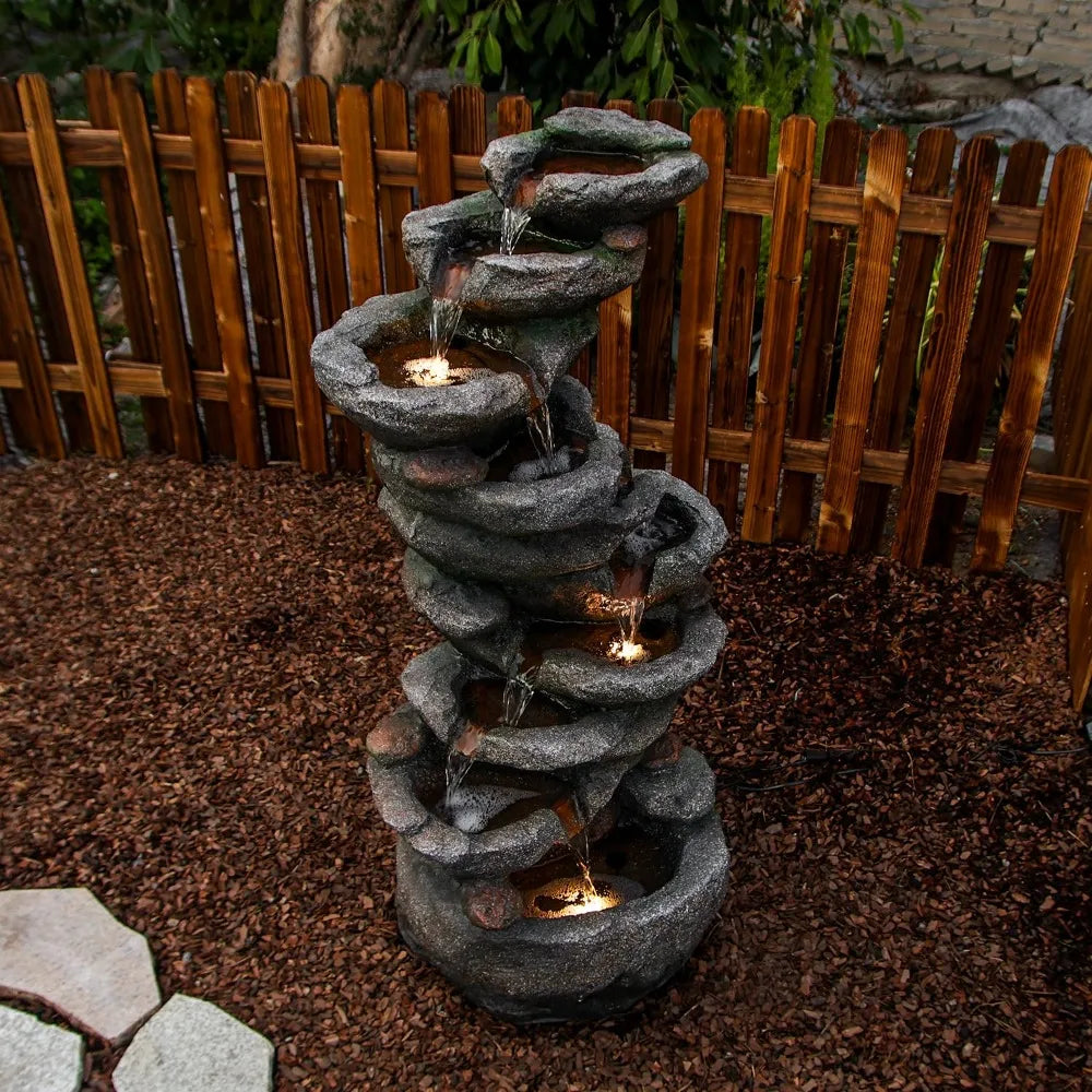 10-Tier Cascading Rock Water Fountain Outdoor Garden Waterfall Fountains Patio Backyard Deck Porch Pond Art Decor, Customized