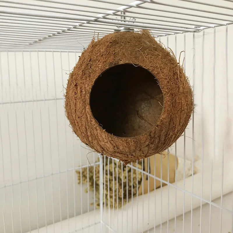 Natural Coco Hideaway Parrot Birds Reptile Coconut Shell Bird Nest Cage Hanging Toy for Budgies Parakeet Cockatiels Hamster House