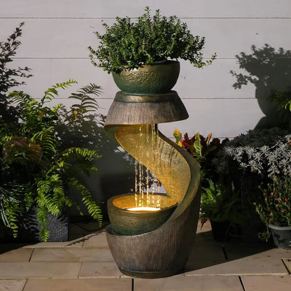 31.9" S-Shaped Water Outdoor Fountain–Modern Cascading Waterfall Feature with LED Lights & Planter Bowl, Garden, Customized