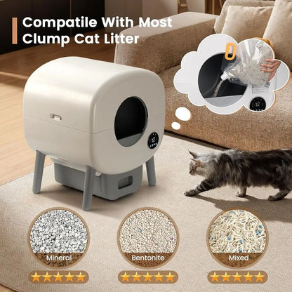 Luxury Large-Capacity Automatic Litter Box for Multiple Cats with App Control, Safety Features, and 2 Litter Bags - White