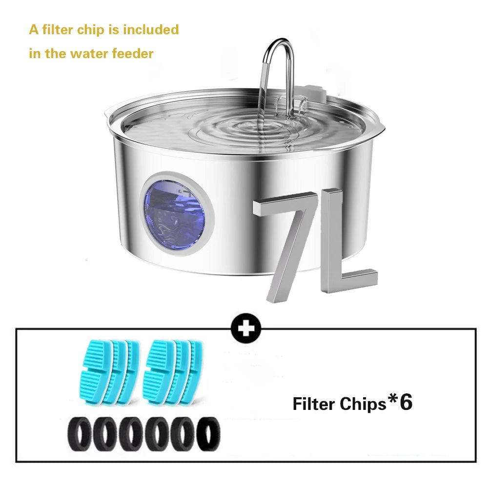 7L/236oz Large Capacity Pet Water Fountain 304 Stainless Steel Cat Water Fountain Ultra Quiet Pet Water Dispenser for Cats Dogs Automatic Drinking Bowl with Filter 24/7 Fresh Filtered Water Bowl（No 5V 1A Plug）