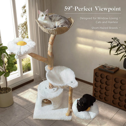 Large Cat Tree Tower with Sisal Scratching Post Wicker Basket Bed Flower Cat Condo Indoor