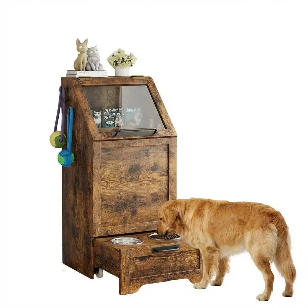 Dog Food Station with Storage, Raised Bowls, Dog Food Storage Cabinet with Hanger for Feeding