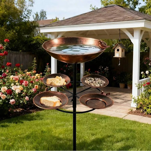 【New style】Antique Bronze Metal Dual Tier Bird Bath and Feeder - 5 Bowl Capacity, Rust-Proof, Sturdy Base, Easy Clean Garden De