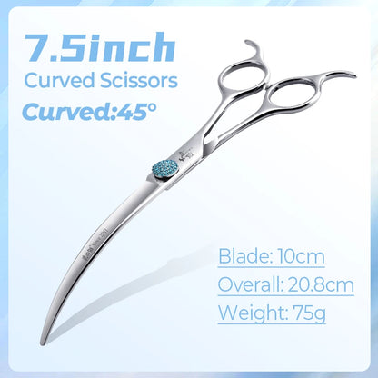 Fenice Professional 6.5/7.5 Inch Super Big Curved Scissors 45°  Curved Scissors for Trimming Dog's Round Head Pet Grooming Tools