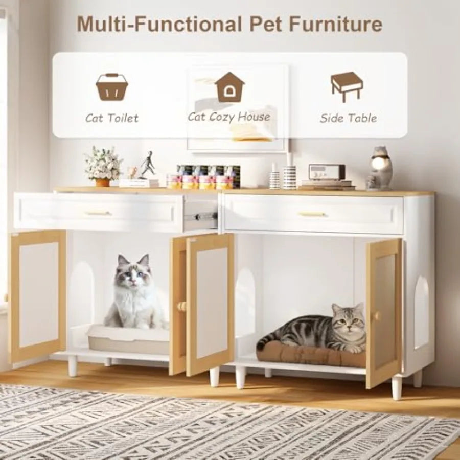 Hidden Cat Litter Box Cabinet with Sisal Scratching Board Doors and Drawer Wooden Pet House for Indoor Cats Dog Proof Enclosure