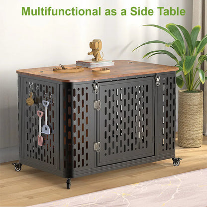 Dog Crate Pet Furniture with Cushion Wood Dog Kennel with Flexible Wheels Multi-Purpose Dog Cage for Large Small Medium Dogs