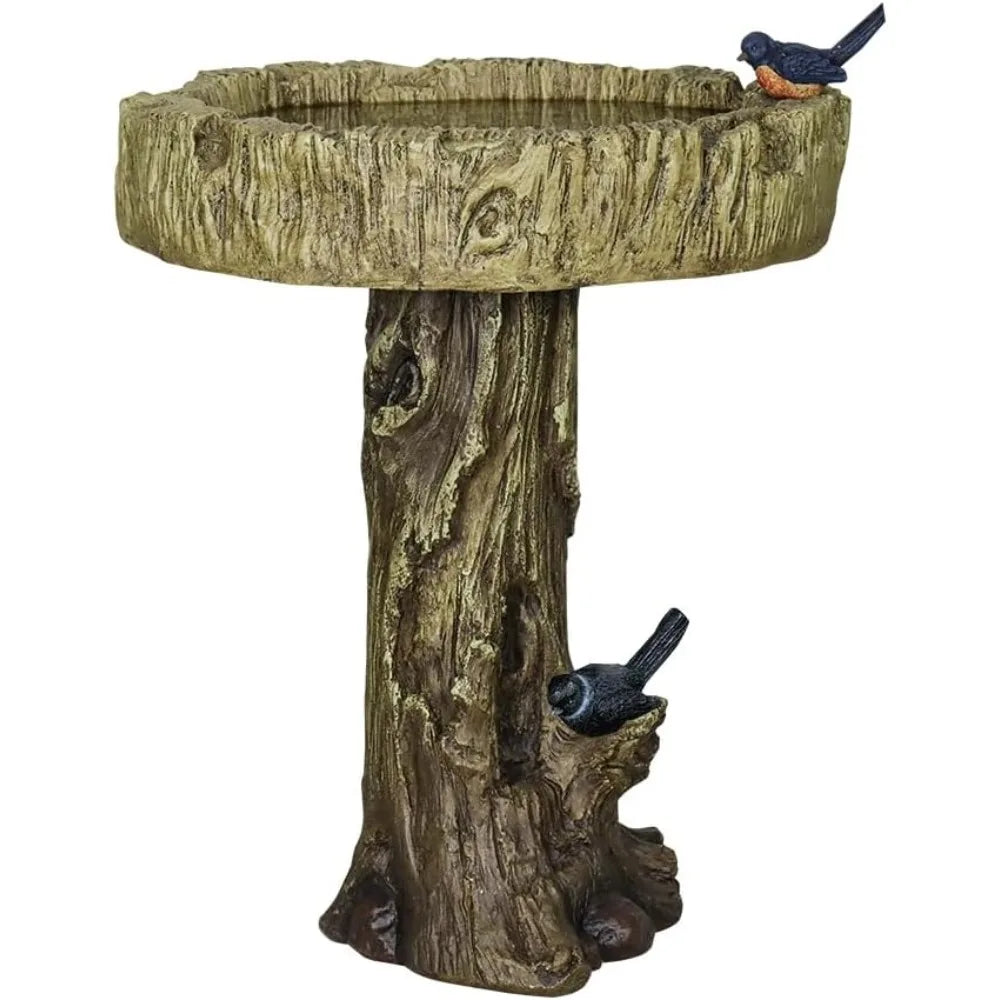 24.4” H Fibre Reinforced Concrete Outdoor Garden Bird Bath with Birds, Woodland Tree Trunk Decoration Yard Statue