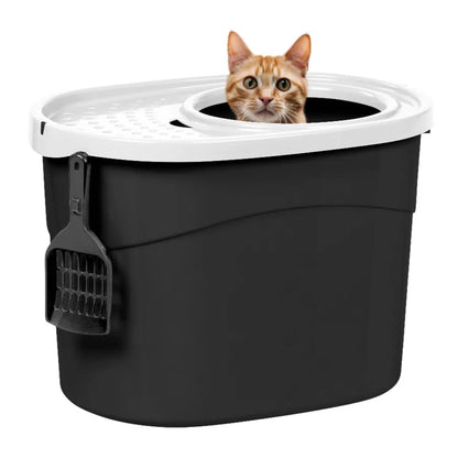 IRIS Large Top Entry Cat Litter Box with Litter Catching Lid and Scoop Enclosed Design Black White