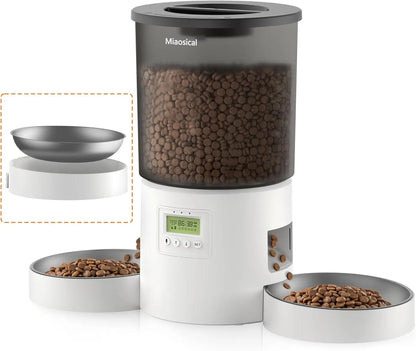 Automatic Cat Feeder with Double Bowls, 4.2L Dry Food Dispenser, Programmable Portion Control, Dual Power Supply