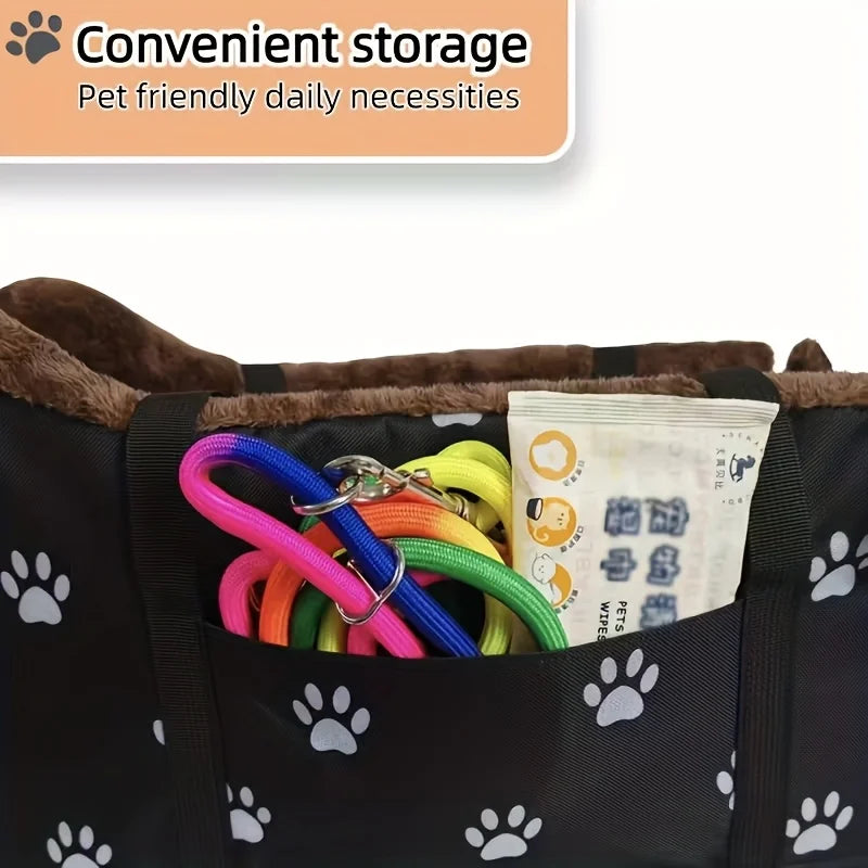 Black Fabric Dog Car Seat - Portable Pet Booster Basket with Paw Print Design, Equipped with Comfort Armrests and Headrest