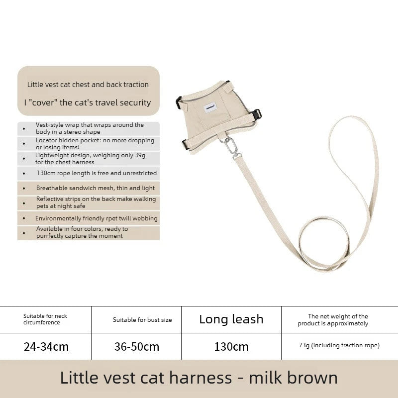 Anti-Escape Cat Vest Harness 39g, GPS Tracker Pocket, Breathable Mesh, Reflective, 130cm Leash for Walking,