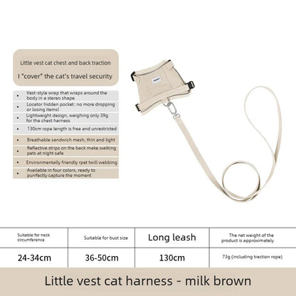 Anti-Escape Cat Vest Harness 39g, GPS Tracker Pocket, Breathable Mesh, Reflective, 130cm Leash for Walking,