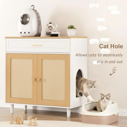 Hidden Cat Litter Box Cabinet with Sisal Scratching Board Doors and Drawer Wooden Pet House for Indoor Cats Dog Proof Enclosure