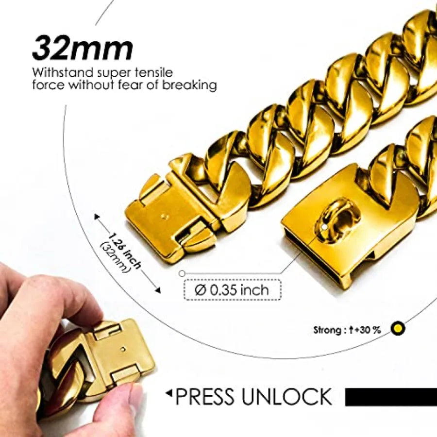 32MM Thick Cuban Link Collar - Strong Metal Gold Dog Collar with Buckle for Large Dogs