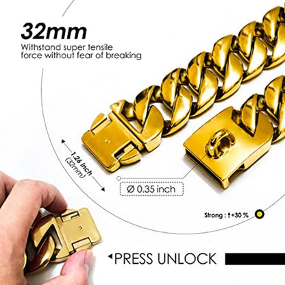 32MM Thick Cuban Link Collar - Strong Metal Gold Dog Collar with Buckle for Large Dogs