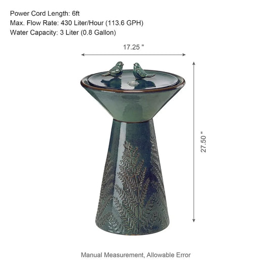 27.5" H Ceramic Garden Water Fountain with LED Light and Pump Bird Bath Fountain Outdoor Turquoise Embossed Pattern, Customized