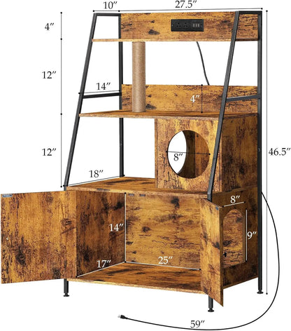 Cat Litter Box Enclosure with 2 Storage Shelves Enclosure Furniture with Charging Station,Cat Washroom with Cat Tree Tower
