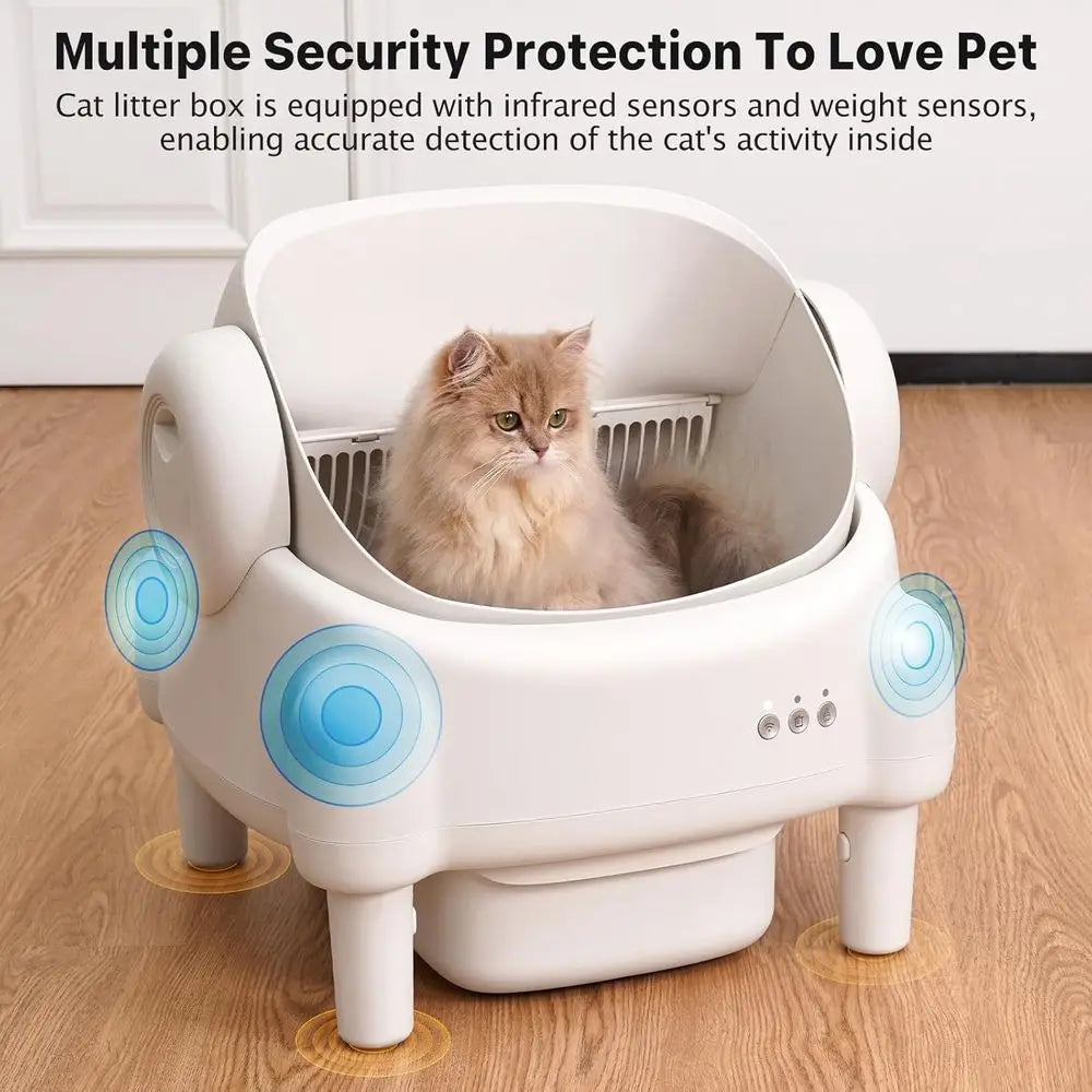 Luxury App-Controlled Open-Top Self-Cleaning Litter Box for Multiple Cats with Safety, Odor Control, 2 Liners, Large Bin - Cream