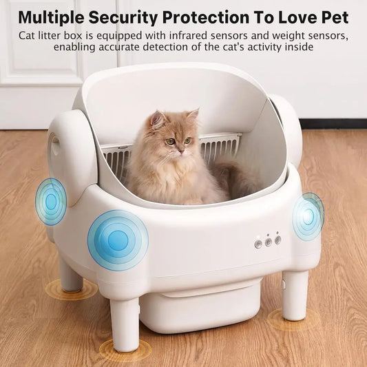 Luxury App-Controlled Open-Top Self-Cleaning Litter Box for Multiple Cats with Safety, Odor Control, 2 Liners, Large Bin - Cream