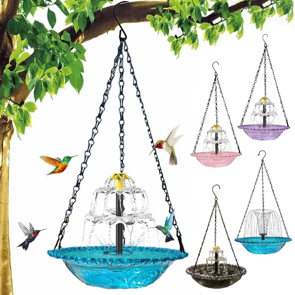 Bird Feeder Hanging Bird Bath with Fountain Outdoor Bird Drinking Tray with Hook for Garden Backyard Yard Patio Wildlife Feeder