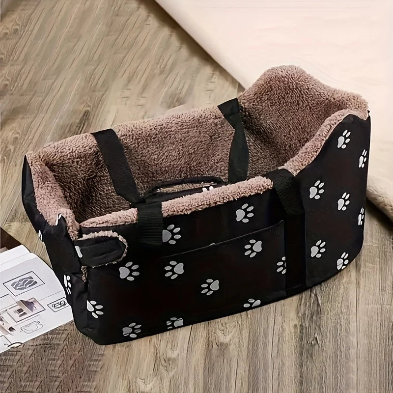 Black Fabric Dog Car Seat - Portable Pet Booster Basket with Paw Print Design, Equipped with Comfort Armrests and Headrest