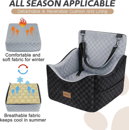 Elevated Dog Car Seat for Small/Medium Dogs up to 35 lbs, Memory Foam Booster with Washable Cover and Safety Belts